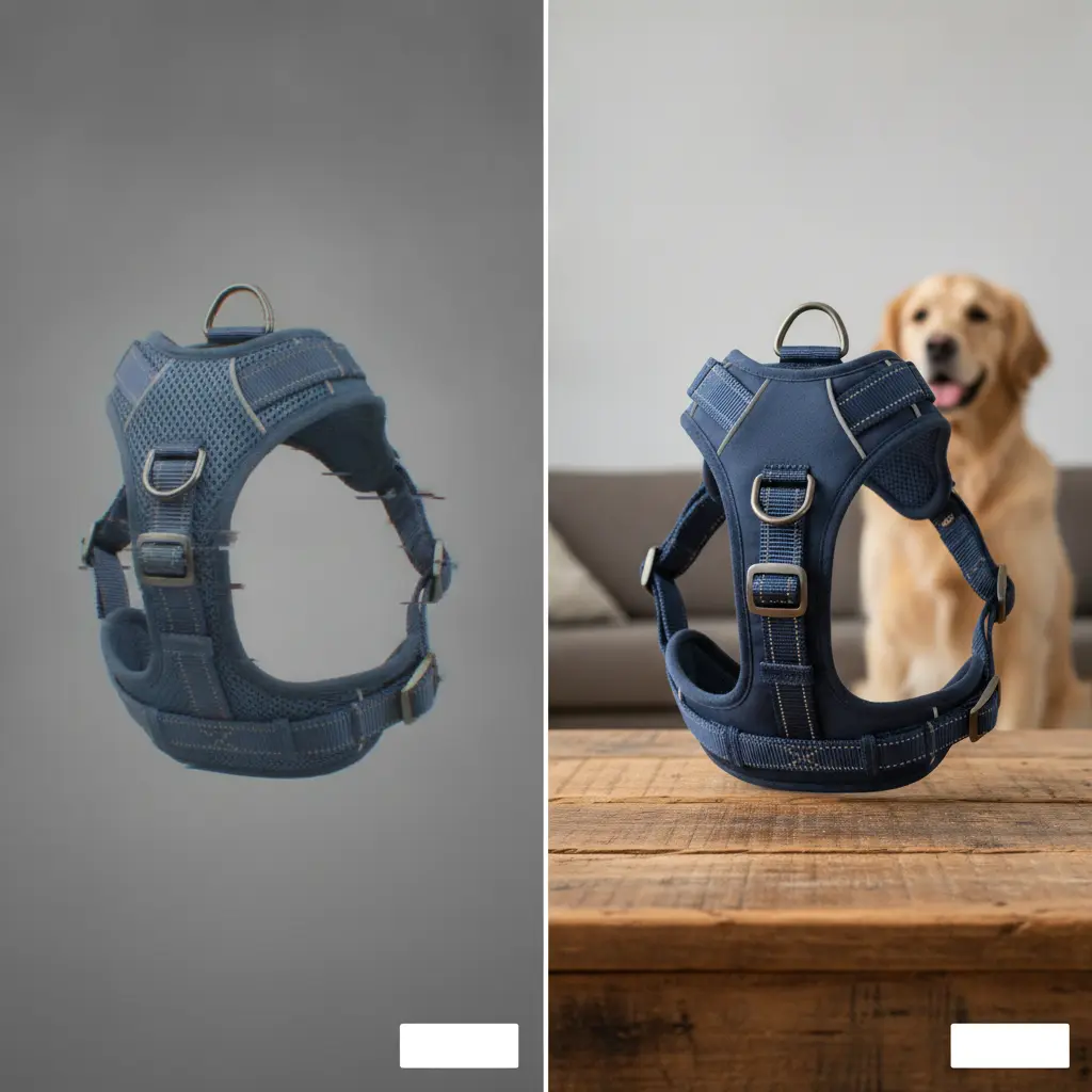 A side-by-side comparison of a dog harness visual made with a free generator versus a dedicated ecommerce platform