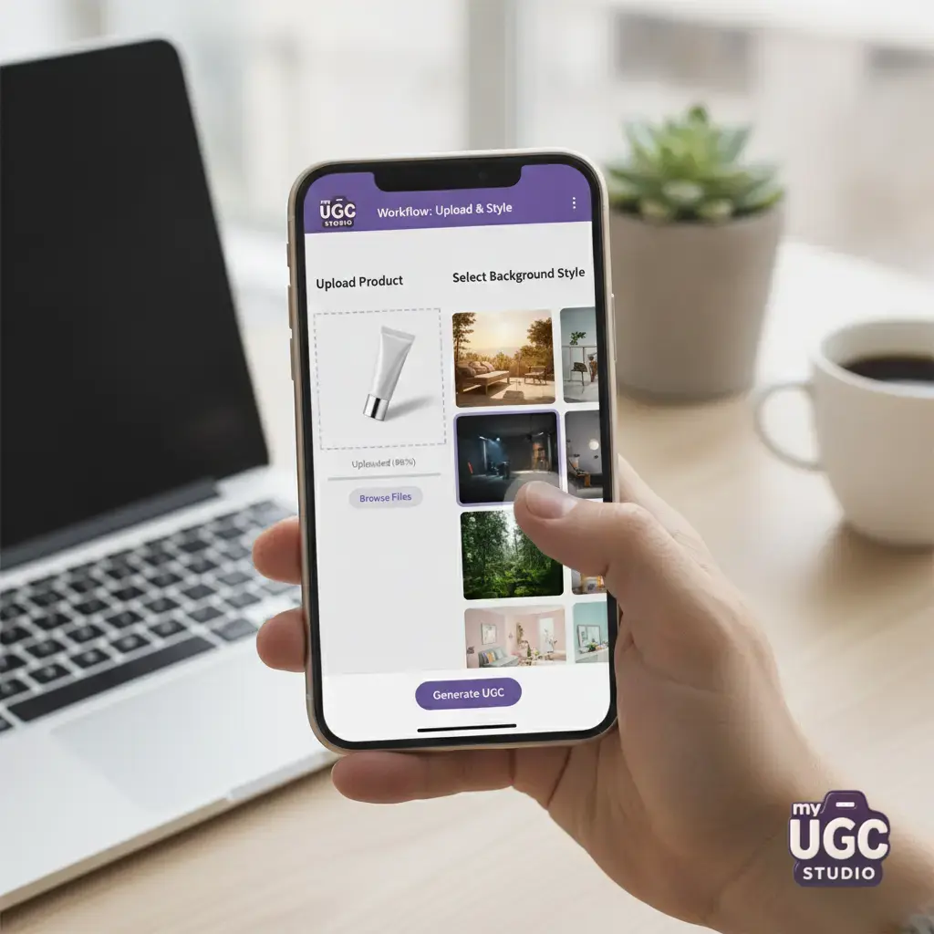 Screenshot of My UGC Studio workflow showing the upload of a product container and selection of styled background templates