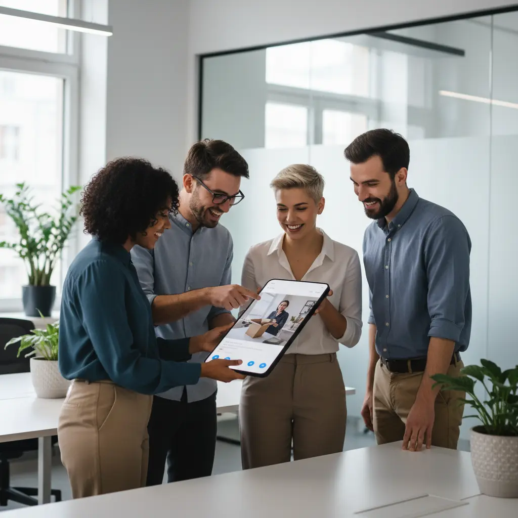 A diverse group of people interacting with a phone, showcasing future UGC trends