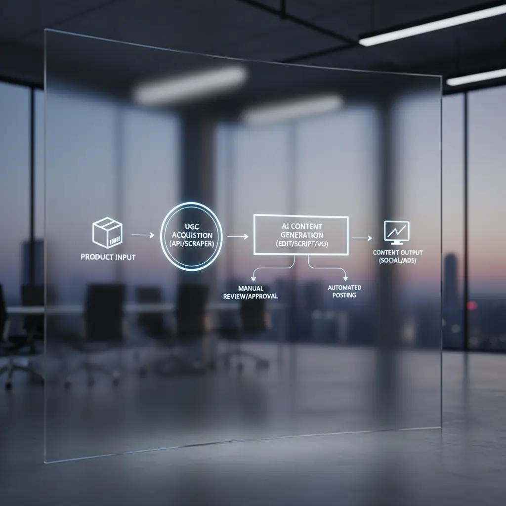 Automated UGC workflow diagram showing steps from product input to content output.