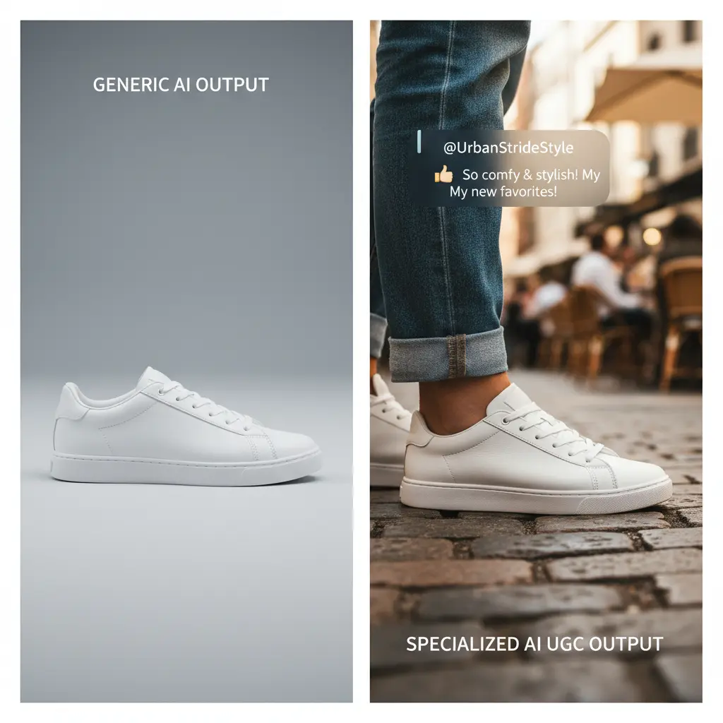 Comparison between generic AI output and specialized AI UGC output for an e-commerce product.