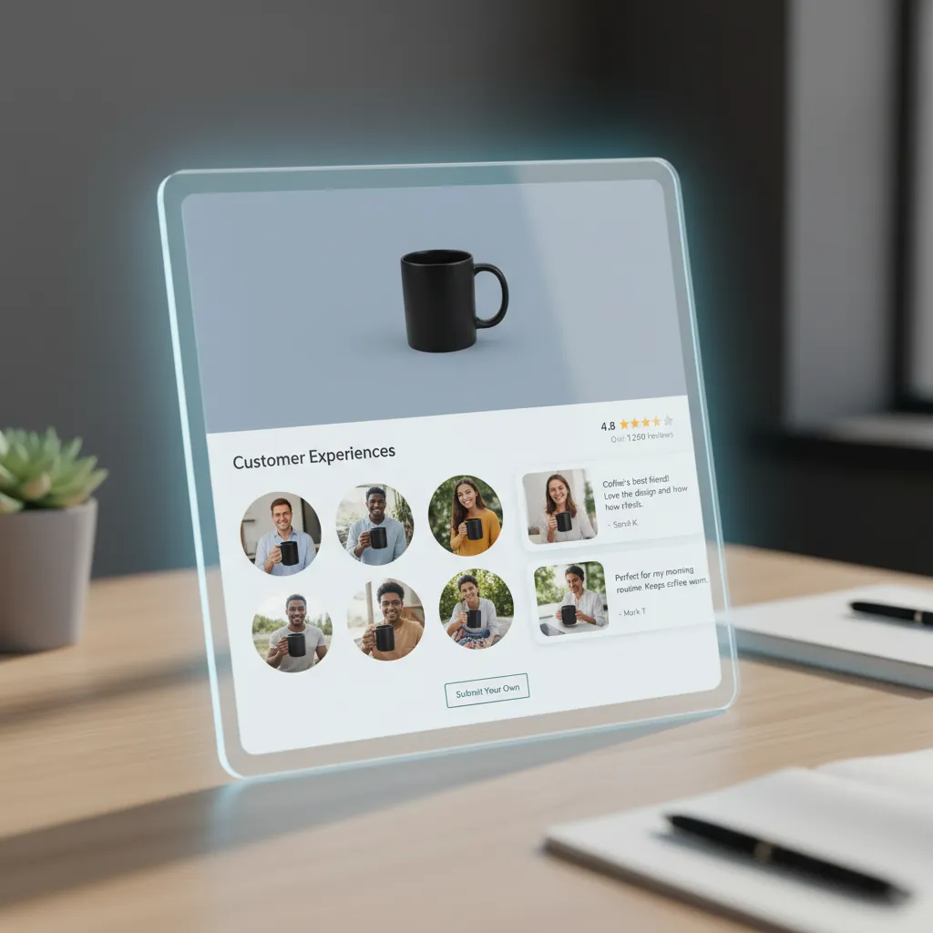 A Shopify product page prominently displaying customer reviews and photos, demonstrating effective UGC integration.