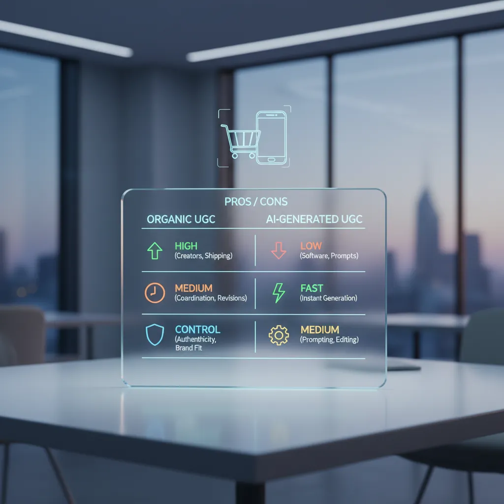 A comparison table illustrating the pros and cons of organic vs. AI-generated UGC for dropshipping, highlighting cost, speed, and control.