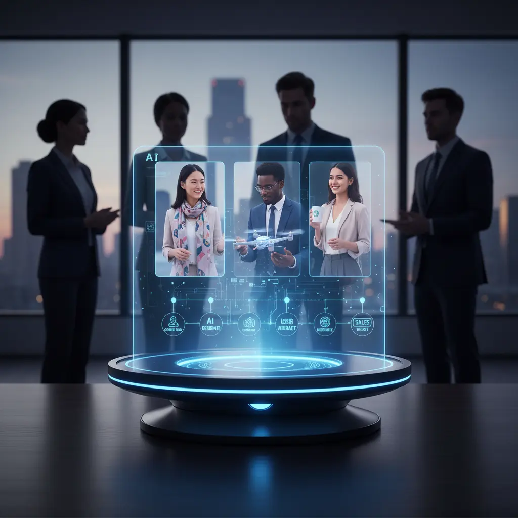 Conceptual image depicting future trends in AI-generated UGC, showing diverse models and interactive elements