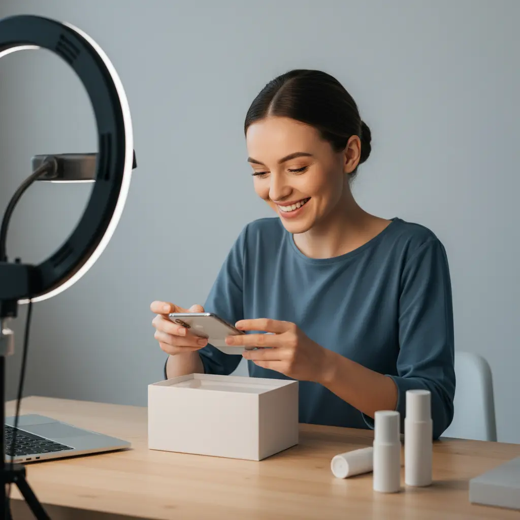 A woman happily unboxing a product, demonstrating a user testimonial creative angle for a TikTok ad.