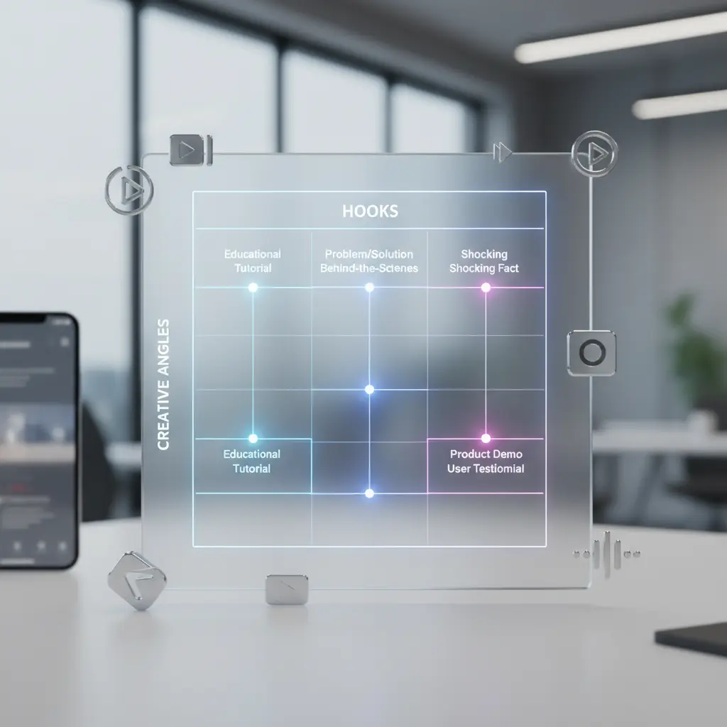 A visual representation of a creative matrix showing different hooks paired with various creative angles.