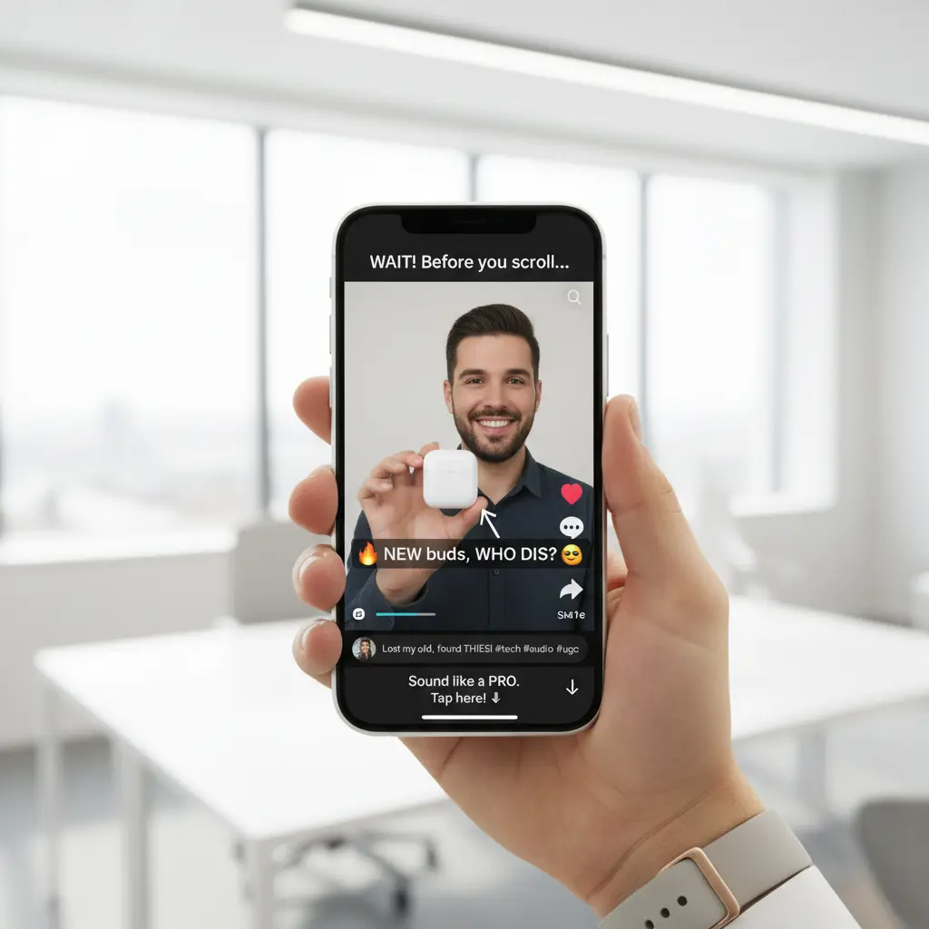 A finished TikTok UGC video ad creative ready for publishing, showing a product in a user's hand with engaging text overlay.
