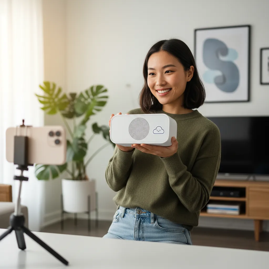 A customer holds a dropshipped product, captured as UGC for marketing.