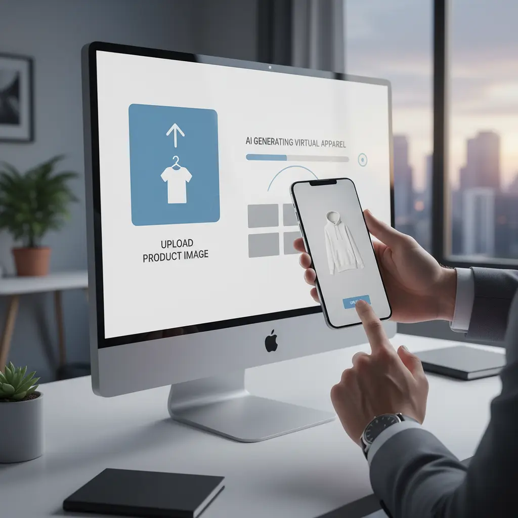 Screenshot of a user uploading a product image for AI virtual apparel generation