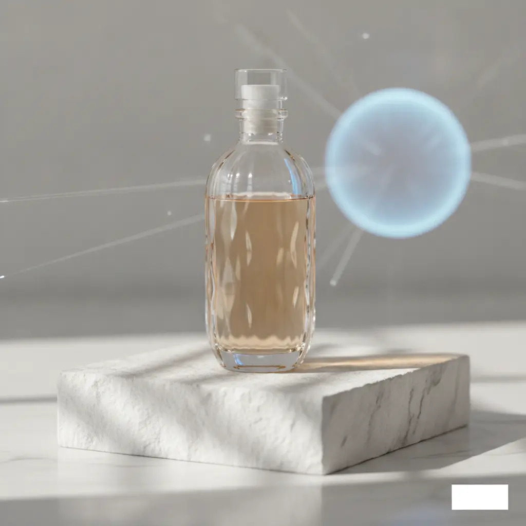 Visualización de ondas de luz reflejándose en una botella de vidrio sobre una base de mármol texturizada utilizando generadores de IA