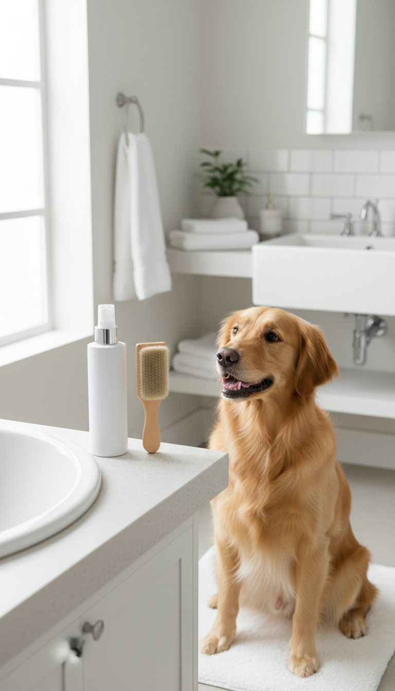 After: premium grooming scene with dog and product