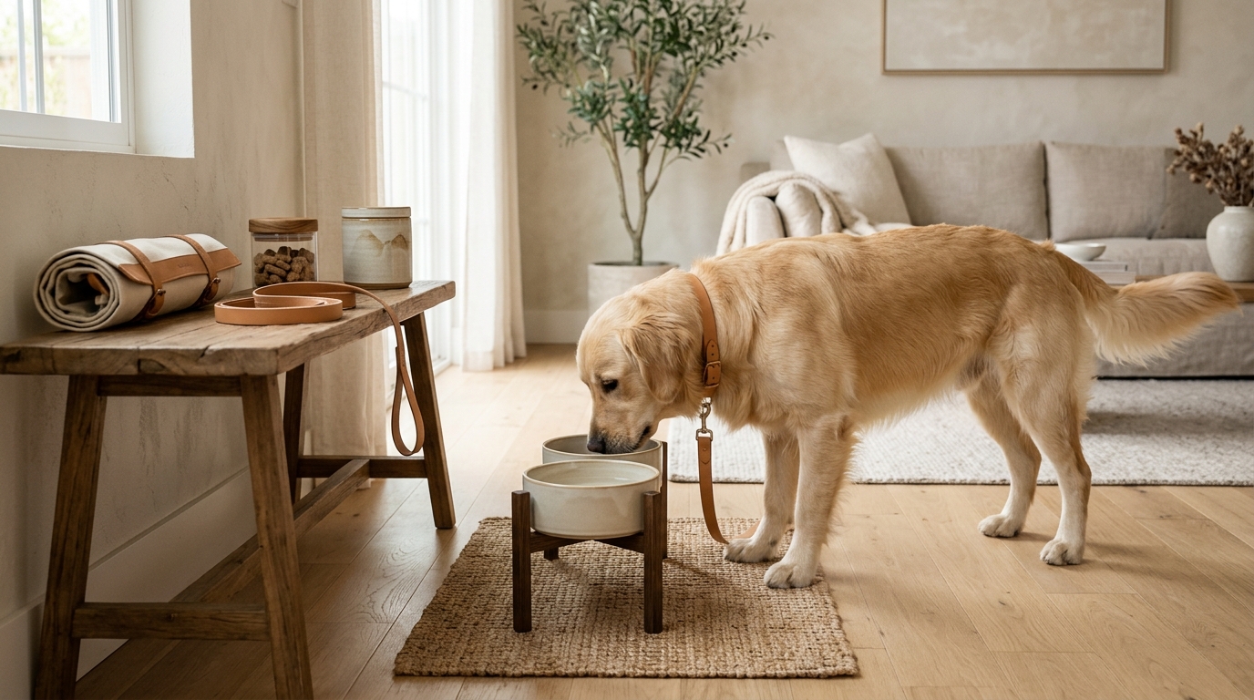 Collection banner style pet brand scene with dog and accessories