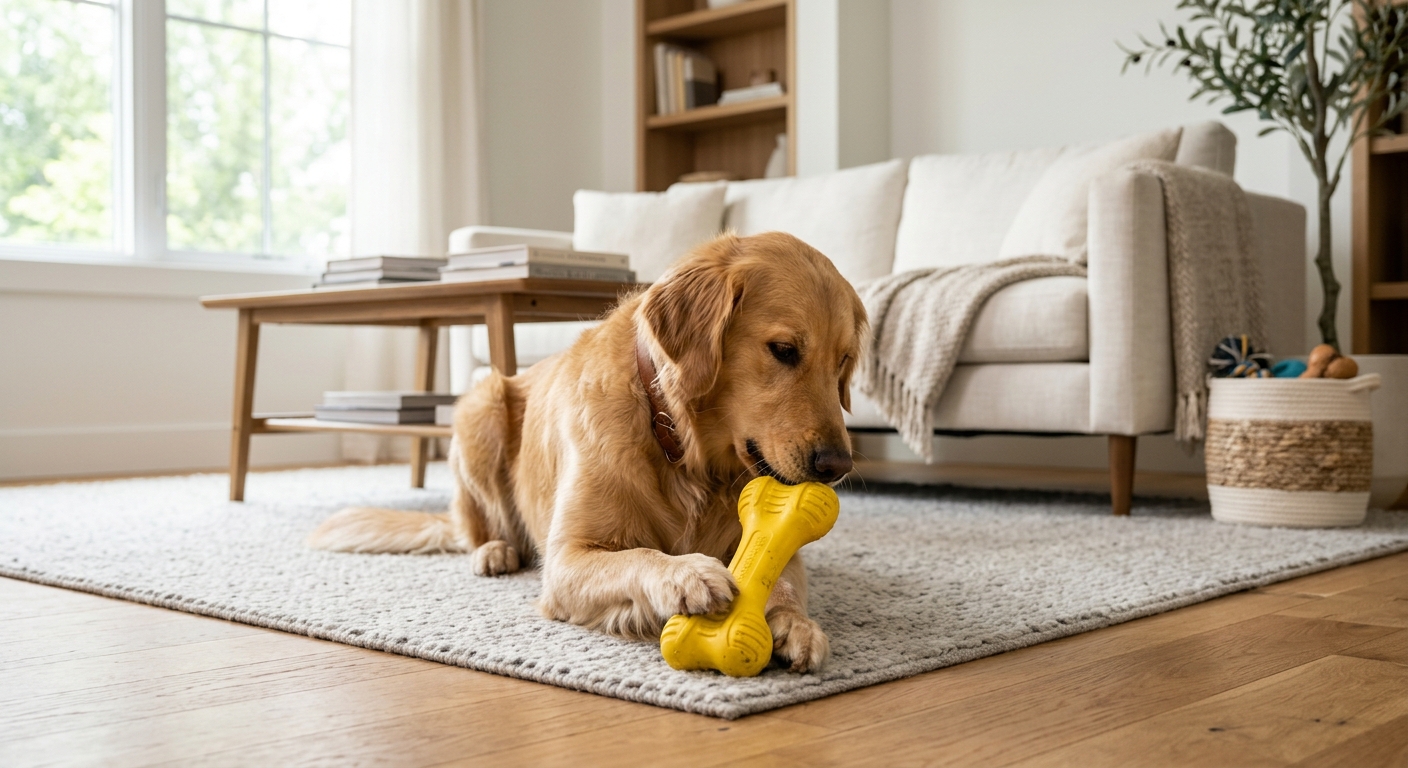 Pet product page support image with dog and toy