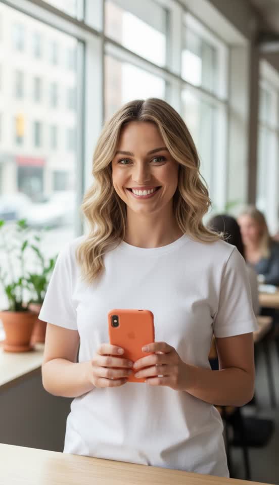 Smiling Woman Holding Orange Phone in Bright Cafe