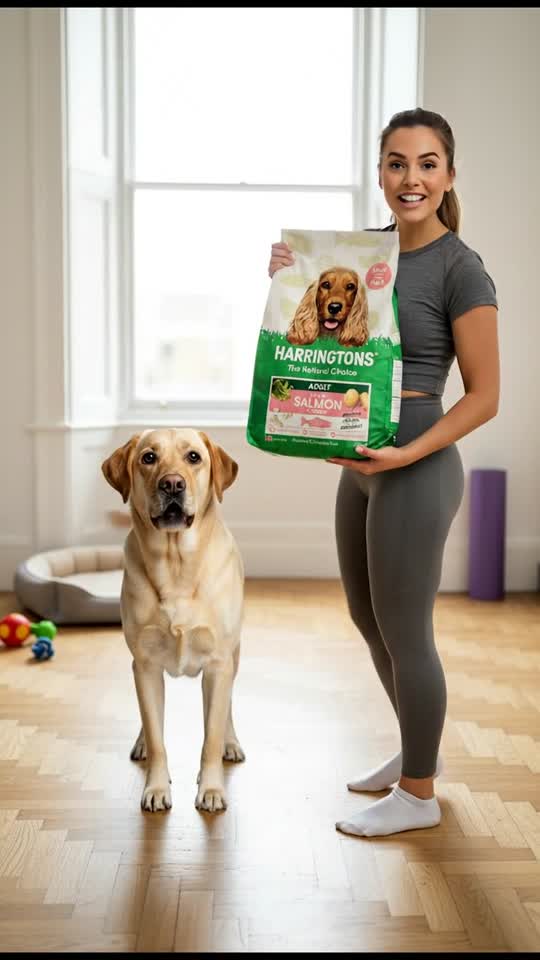 Happy Woman and Labrador with Premium Salmon Dog Food
