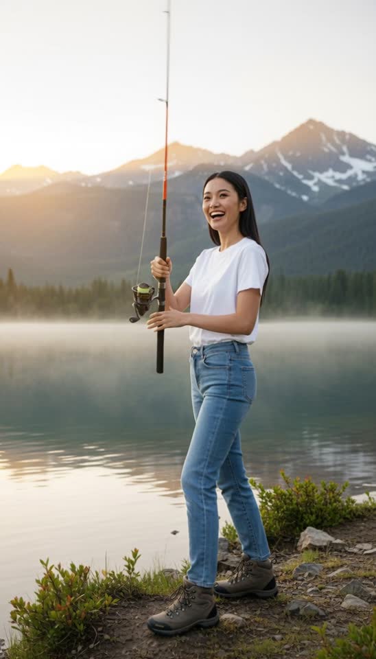 Joyful Angler with Fishing Rod by Misty Mountain Lake