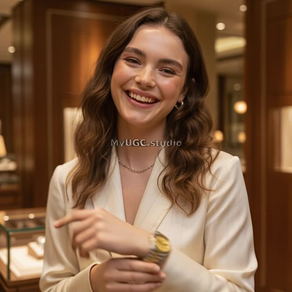 Elegant Woman Showcasing a Stylish Watch with Joy