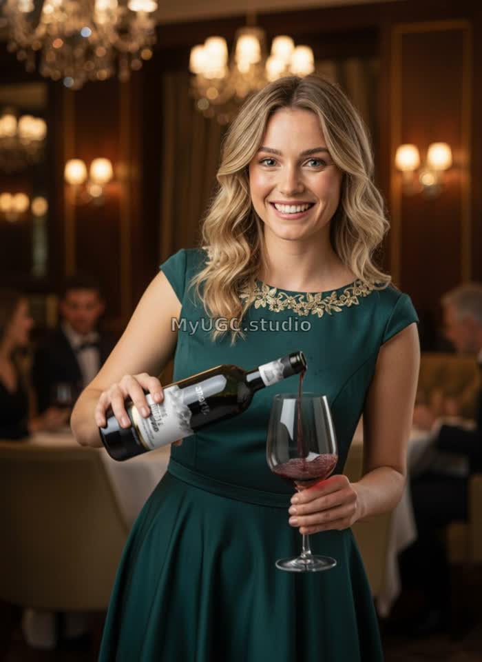 Elegant Woman Pouring Red Wine in Fine Dining Setting