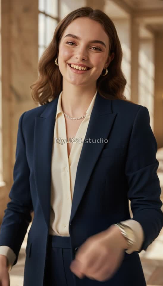 Elegant Woman in Navy Suit with Gold Watch