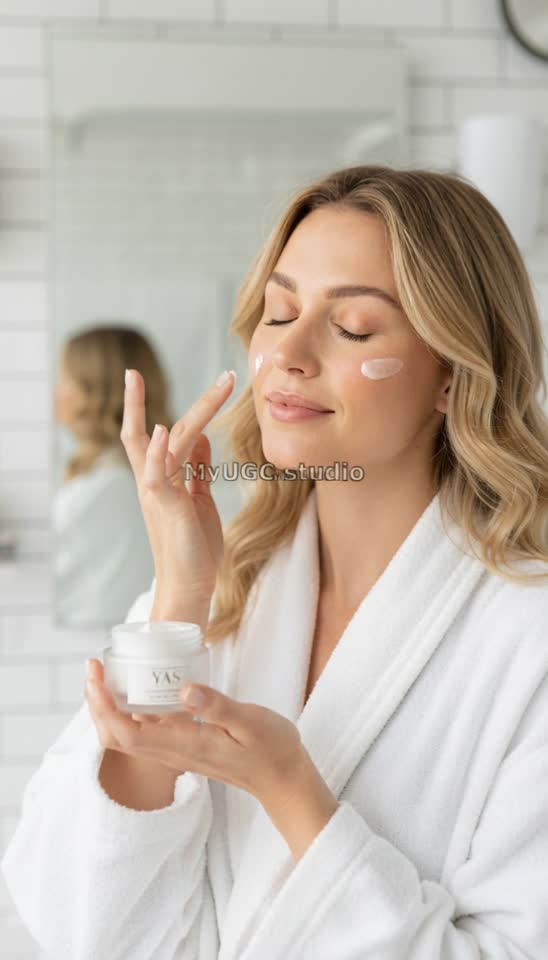 Blonde Woman Applying Face Cream in Bathroom