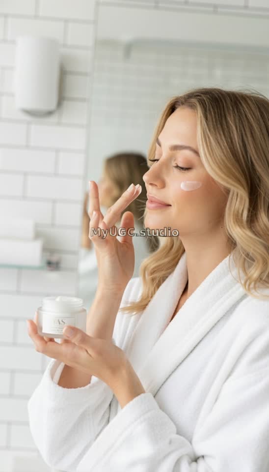 Woman Applying Face Cream in a Bright Bathroom