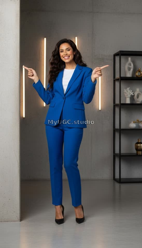 Smiling Woman in Blue Suit Pointing in Modern Office