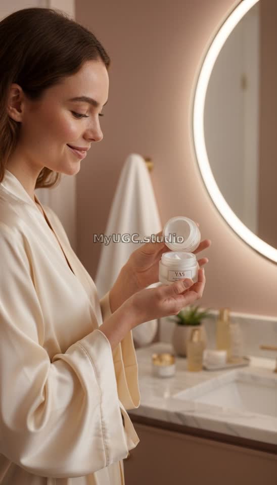 Woman Opening Skincare Cream Jar in Modern Bathroom
