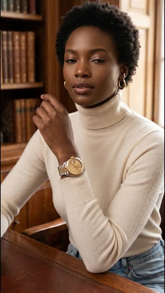 Elegant Gold Watch on Woman in Cozy Turtleneck