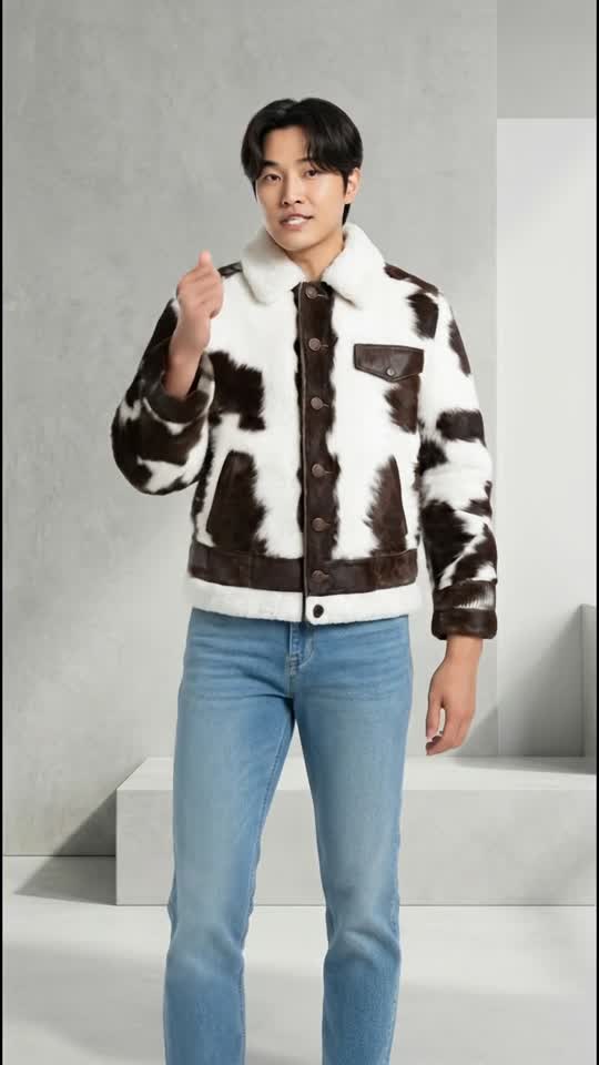 Stylish Men's Cow Print Faux Fur Jacket with Denim