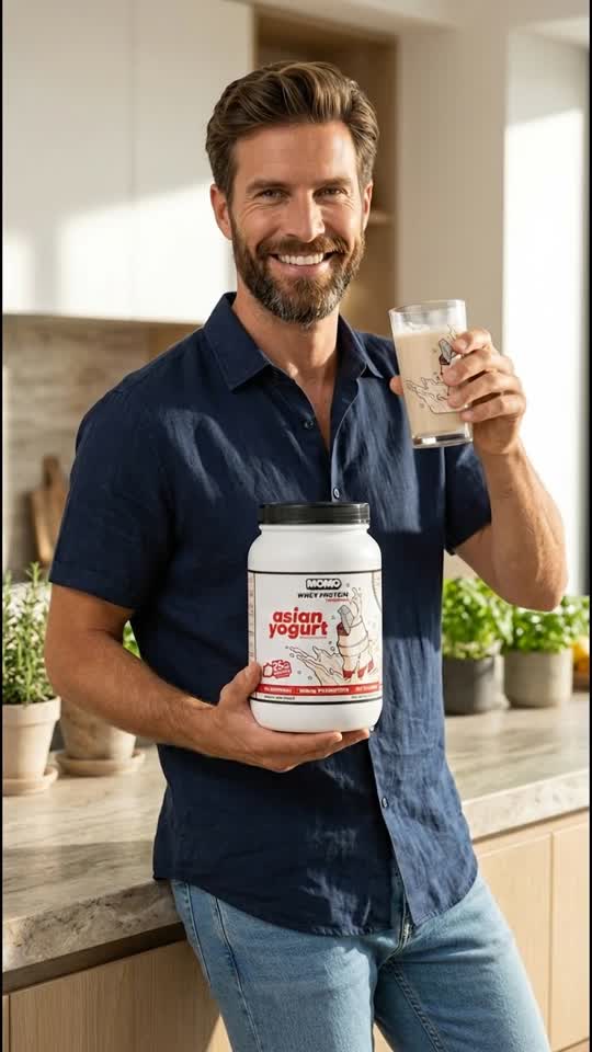 Smiling Man Holding Protein Powder and Drink in Kitchen