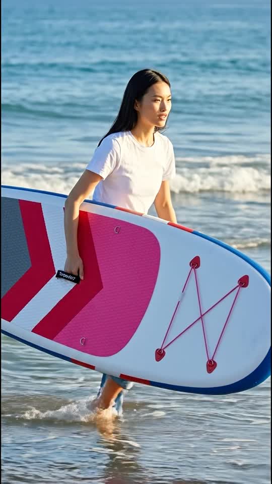 Woman Carrying Paddleboard into Ocean for Water Sports