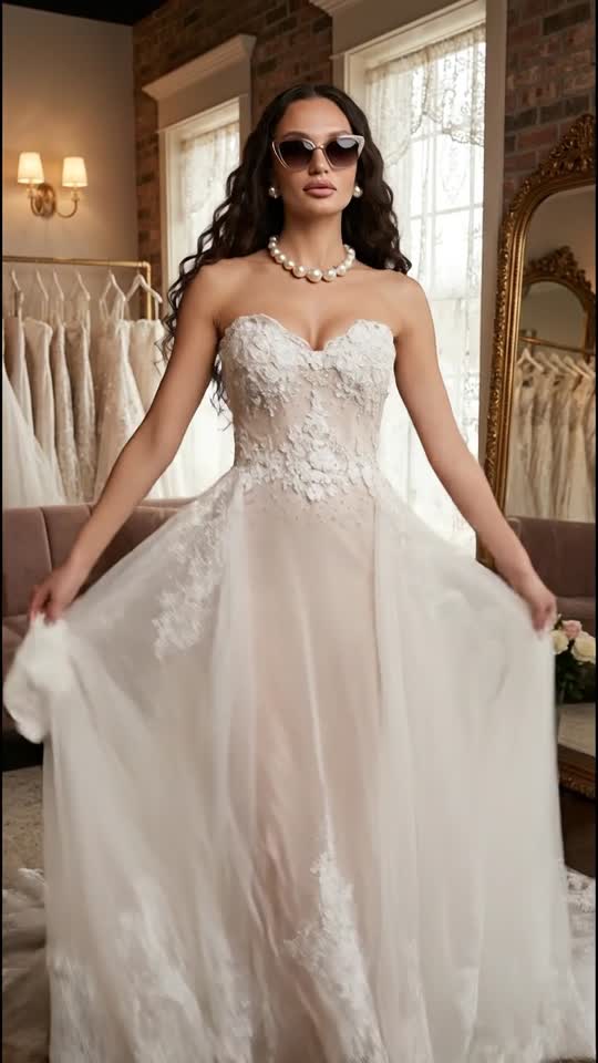 Elegant Bridal Gown with Lace Details and Pearl Accessories