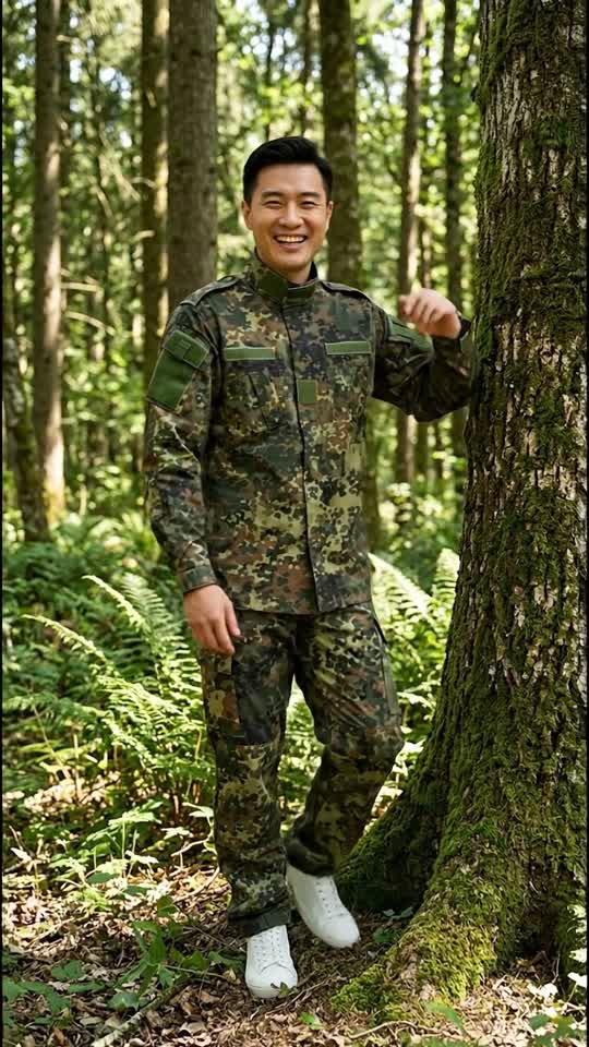 Smiling Man in Camouflage Uniform Posing in Forest
