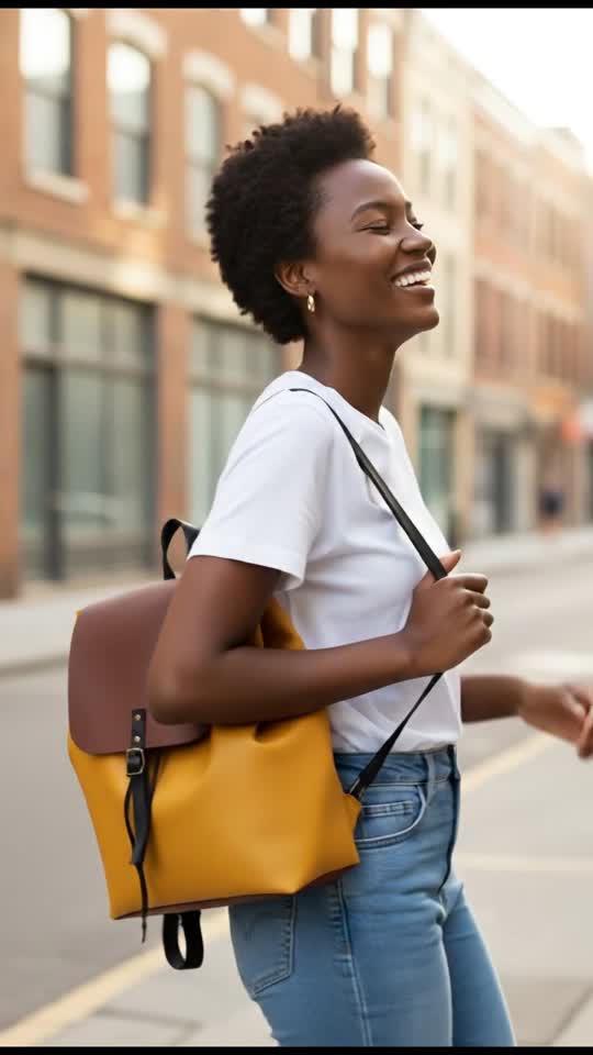 Smiling Woman with Stylish Backpack Walking in City