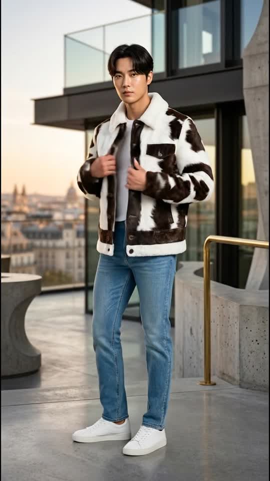 Stylish Men's Cow Print Jacket and Jeans Outfit