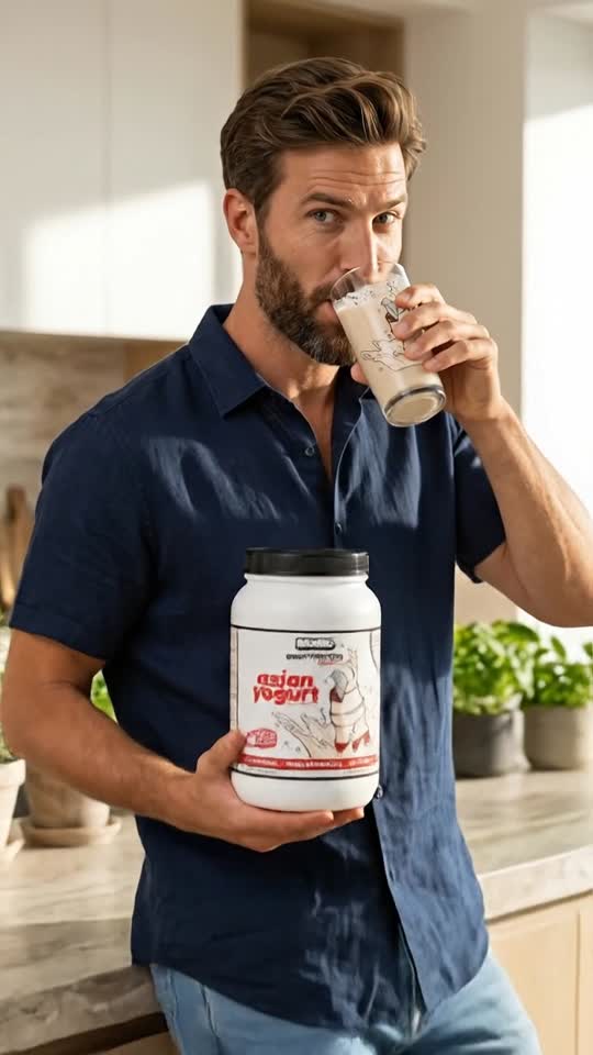 Man Enjoying Protein Drink with Asian Yogurt Supplement
