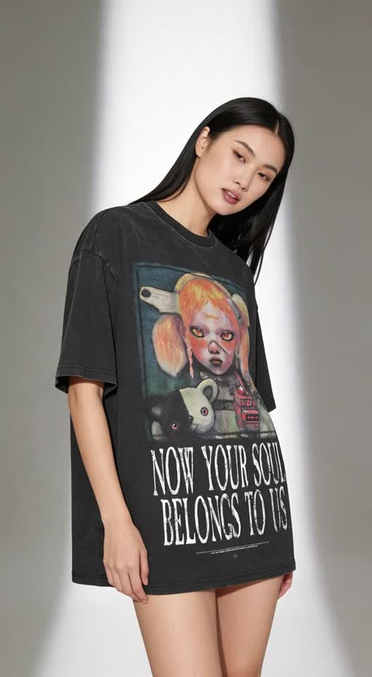 Oversized Graphic Tee with Creepy Doll Design