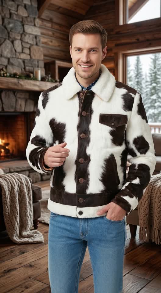 Stylish Men's Cow Print Jacket for Winter Comfort